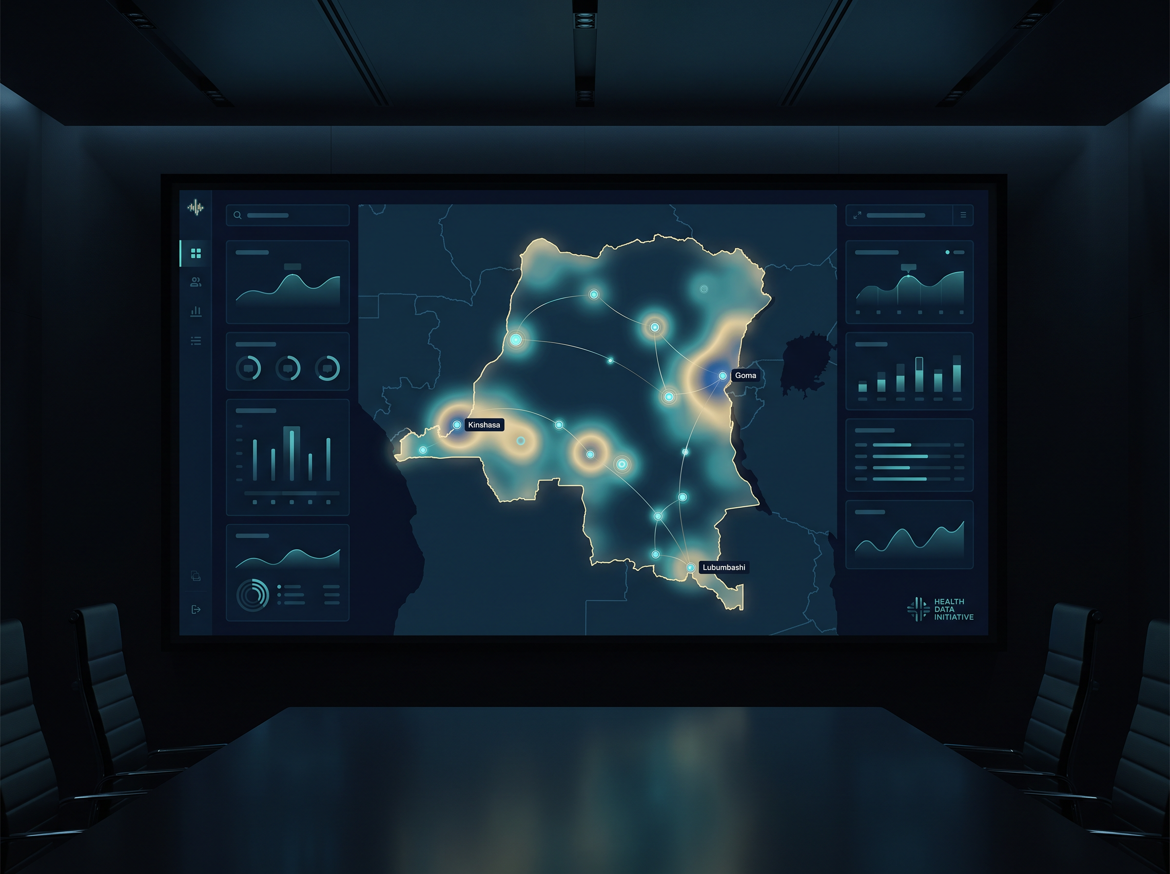 Abstract anonymized epidemiological data map of the Democratic Republic of the Congo showing health trend clusters