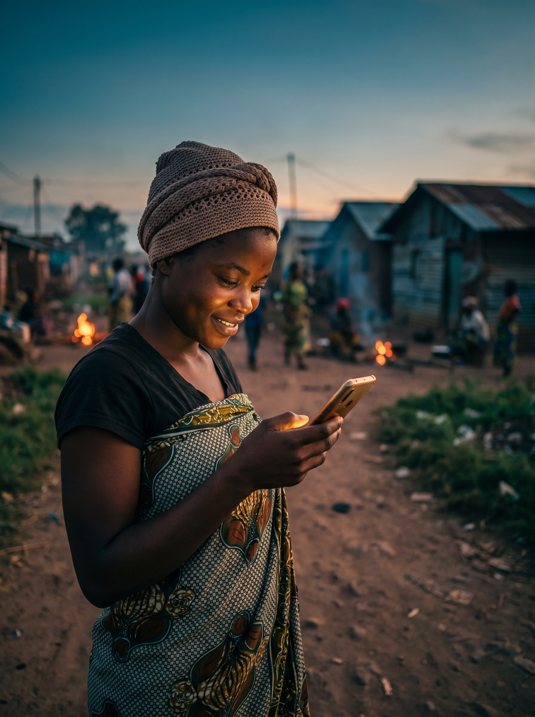 A young woman privately checking Bodynia on her phone at dusk in the Democratic Republic of the Congo